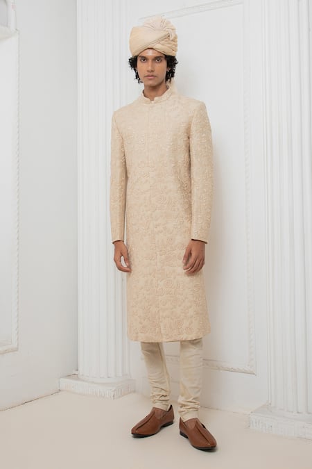 Darshika Menswear Beige Silk Embroidered Thread Floral Sherwani Kurta Set 