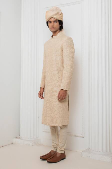 Buy_Darshika Menswear_Beige Silk Embroidery Floral Sherwani Kurta Set _Online_at_Aza_Fashions