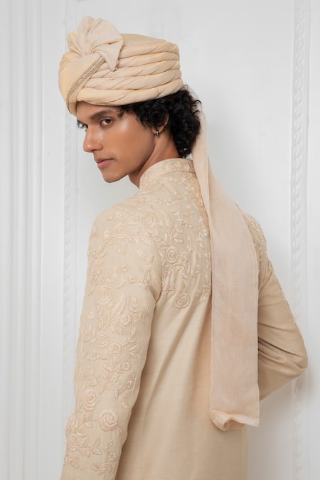 Darshika Menswear_Beige Silk Embroidery Floral Sherwani Kurta Set _at_Aza_Fashions