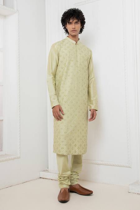 Darshika Menswear_Green Cotton, Silk Embroidery Floral Thread Kurta And Churidar Set _Online_at_Aza_Fashions