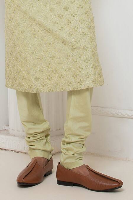 Buy_Darshika Menswear_Green Cotton, Silk Embroidery Floral Thread Kurta And Churidar Set _Online_at_Aza_Fashions