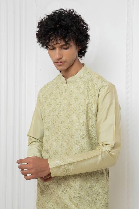 Shop_Darshika Menswear_Green Cotton, Silk Embroidery Floral Thread Kurta And Churidar Set _Online_at_Aza_Fashions