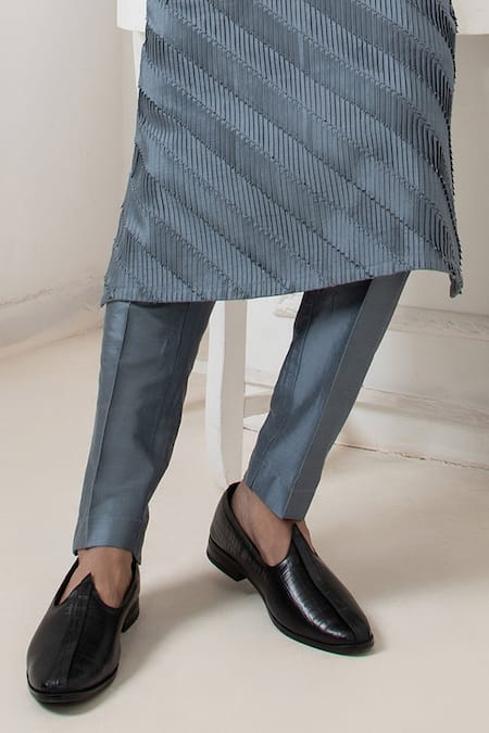 Buy_Darshika Menswear_Grey Cotton, Silk Pintucked Kurta And Pant Set _Online_at_Aza_Fashions