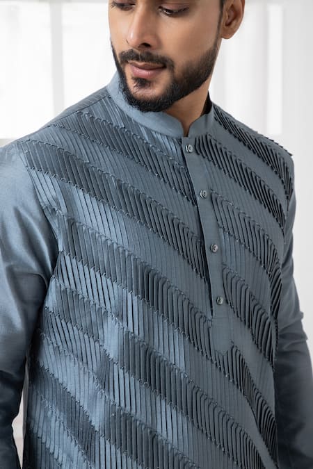 Shop_Darshika Menswear_Grey Cotton, Silk Pintucked Kurta And Pant Set _Online_at_Aza_Fashions