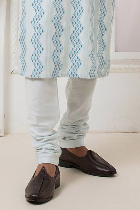 Darshika Menswear_Blue Cotton, Silk Printed Panelled Pleat Kurta And Churidar Set _Online_at_Aza_Fashions