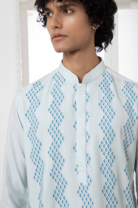Buy_Darshika Menswear_Blue Cotton, Silk Printed Panelled Pleat Kurta And Churidar Set _Online_at_Aza_Fashions