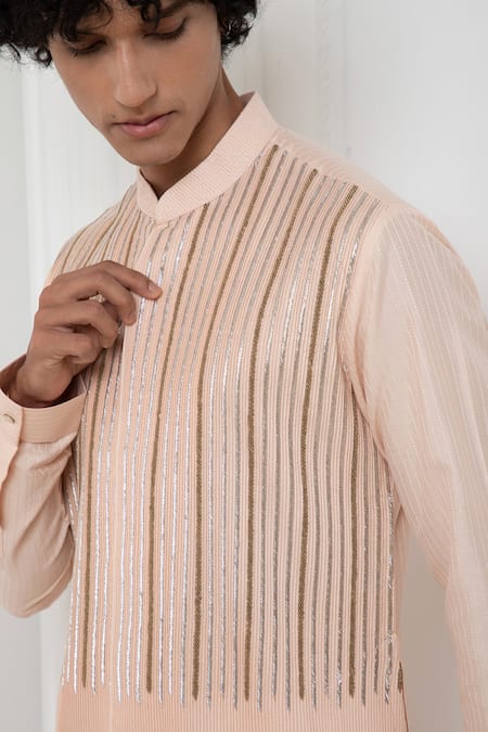 Shop_Darshika Menswear_Pink Cotton, Silk Zari Zardosi Embroidered Kurta And Pyjama Set _Online_at_Aza_Fashions