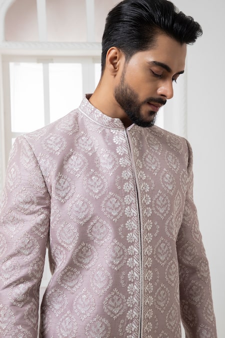 Shop Darshika Menswear Pink Silk Embroidery Geometric Sherwani And Pant Set Online at Aza Fashions Shop_Darshika Menswear_Pink Silk Embroidery Geometric Sherwani And Pant Set _Online_at_Aza_Fashions