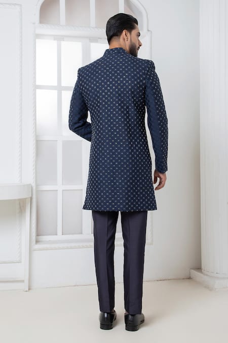 Shop Darshika Menswear Blue , Satin Cut Work, Embroidery Floral Motif Bandhgala And Pant Set at Aza Fashions Shop_Darshika Menswear_Blue , Satin Cut Work, Embroidery Floral Motif Bandhgala And Pant Set _at_Aza_Fashions