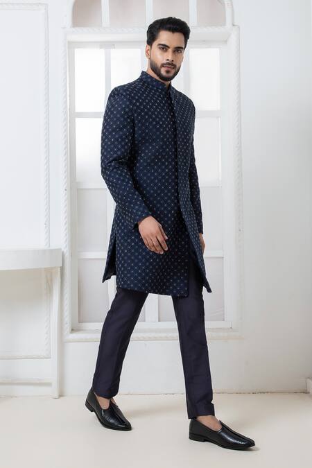 Buy Darshika Menswear Blue , Satin Cut Work, Embroidery Floral Motif Bandhgala And Pant Set Online at Aza Fashions Buy_Darshika Menswear_Blue , Satin Cut Work, Embroidery Floral Motif Bandhgala And Pant Set _Online_at_Aza_Fashions