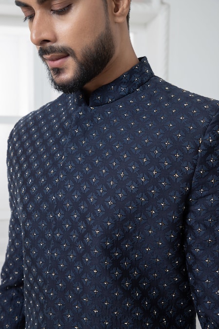 Shop Darshika Menswear Blue , Satin Cut Work, Embroidery Floral Motif Bandhgala And Pant Set Online at Aza Fashions Shop_Darshika Menswear_Blue , Satin Cut Work, Embroidery Floral Motif Bandhgala And Pant Set _Online_at_Aza_Fashions