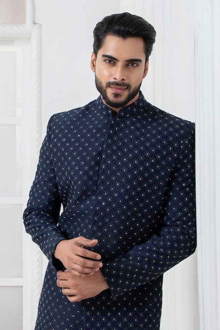 Darshika Menswear Blue , Satin Cut Work, Embroidery Floral Motif Bandhgala And Pant Set at Aza Fashions Darshika Menswear_Blue , Satin Cut Work, Embroidery Floral Motif Bandhgala And Pant Set _at_Aza_Fashions
