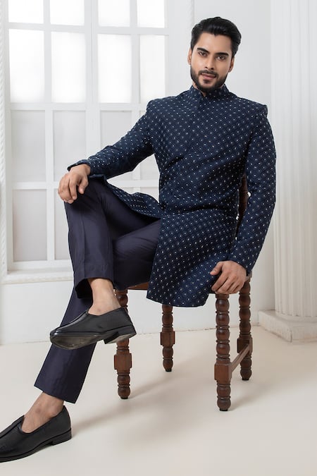 Buy Darshika Menswear Blue , Satin Cut Work, Embroidery Floral Motif Bandhgala And Pant Set Buy_Darshika Menswear_Blue , Satin Cut Work, Embroidery Floral Motif Bandhgala And Pant Set