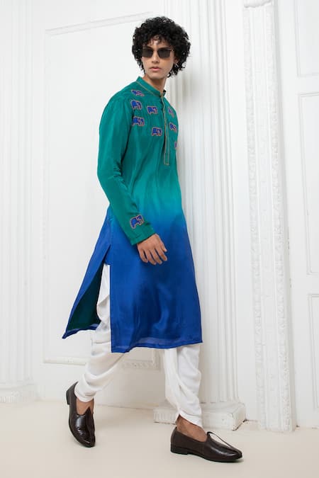 Darshika Menswear Elephant Motif Embroidered Ombre Kurta & Pant Set 