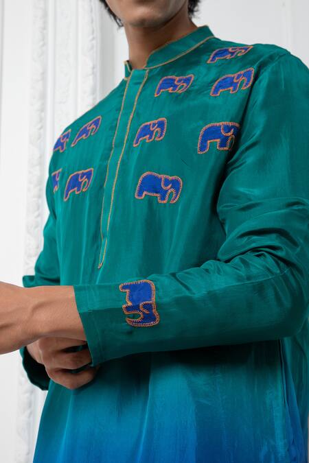 Shop_Darshika Menswear_Blue Silk Embroidery Elephant Motif Ombre Kurta And Pant Set _Online_at_Aza_Fashions