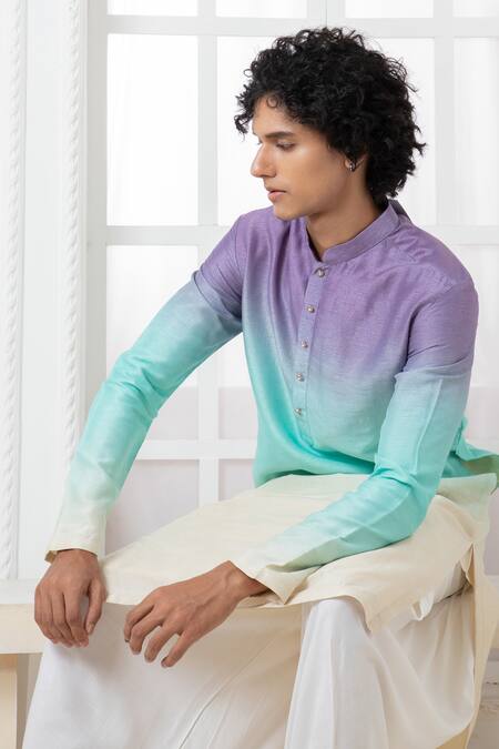 Shop Darshika Menswear Purple Silk Embroidery Ombre Shaded Kurta And Pant Set Online at Aza Fashions Shop_Darshika Menswear_Purple Silk Embroidery Ombre Shaded Kurta And Pant Set _Online_at_Aza_Fashions