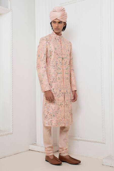 Buy Darshika Menswear Pink Silk Sequins, Embroidery Floral Motif Sherwani Churidar Set Online at Aza Fashions Buy_Darshika Menswear_Pink Silk Sequins, Embroidery Floral Motif Sherwani Churidar Set _Online_at_Aza_Fashions