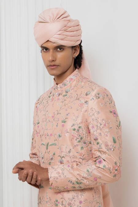 Shop Darshika Menswear Pink Silk Sequins, Embroidery Floral Motif Sherwani Churidar Set Online at Aza Fashions Shop_Darshika Menswear_Pink Silk Sequins, Embroidery Floral Motif Sherwani Churidar Set _Online_at_Aza_Fashions