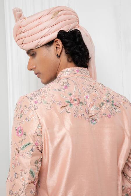 Darshika Menswear Pink Silk Sequins, Embroidery Floral Motif Sherwani Churidar Set at Aza Fashions Darshika Menswear_Pink Silk Sequins, Embroidery Floral Motif Sherwani Churidar Set _at_Aza_Fashions