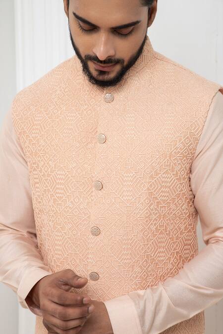 Buy_Darshika Menswear_Pink Silk, Cotton Embroidery Geometric Thread Bundi Set _Online_at_Aza_Fashions