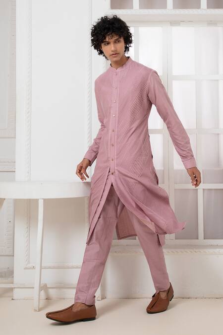 Shop Darshika Menswear Purple Cotton, Silk Pintucked Kurta And Pyjama Set Online at Aza Fashions Shop_Darshika Menswear_Purple Cotton, Silk Pintucked Kurta And Pyjama Set _Online_at_Aza_Fashions