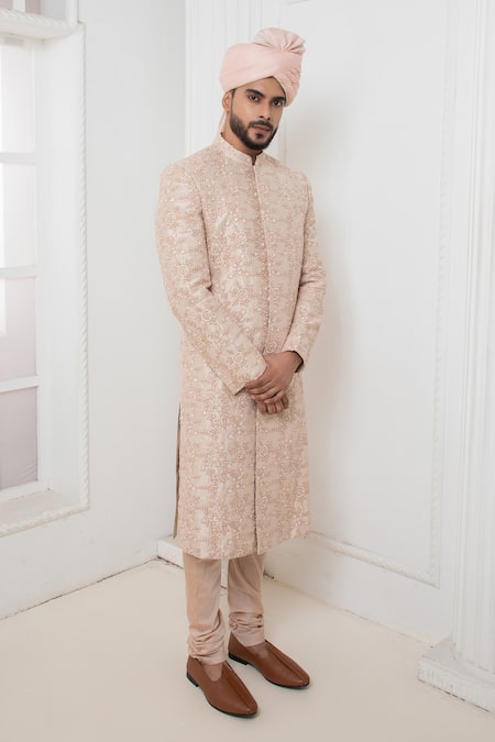 Buy_Darshika Menswear_Pink Silk Embroidery Rose Sherwani Churidar Set _Online_at_Aza_Fashions