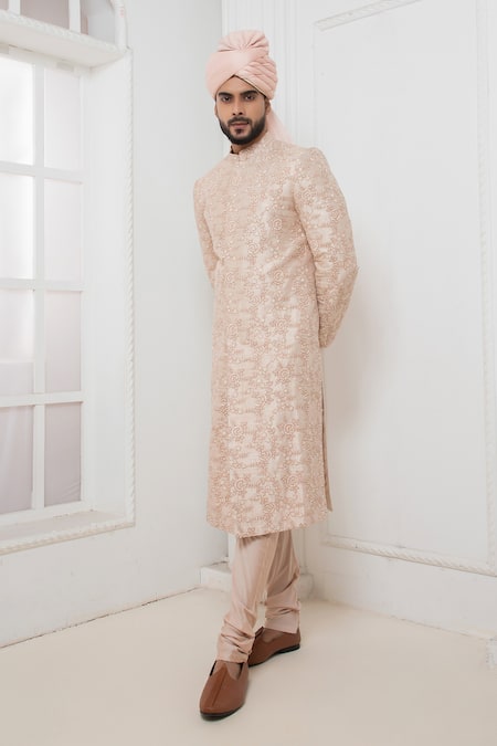 Shop_Darshika Menswear_Pink Silk Embroidery Rose Sherwani Churidar Set _Online_at_Aza_Fashions