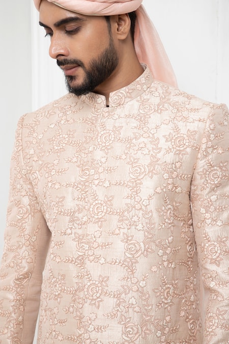 Darshika Menswear_Pink Silk Embroidery Rose Sherwani Churidar Set _at_Aza_Fashions