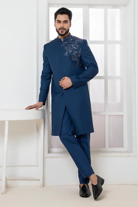 Darshika Menswear Blue Suiting Embroidered Motif Placement Bandhgala And Straight Pant Set 