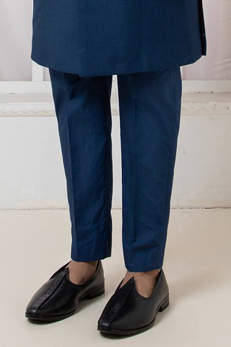 Darshika Menswear_Blue Suede Embroidery Placement Motif Bandhgala And Straight Pant Set _Online_at_Aza_Fashions