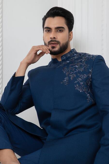 Buy_Darshika Menswear_Blue Suede Embroidery Placement Motif Bandhgala And Straight Pant Set _Online_at_Aza_Fashions
