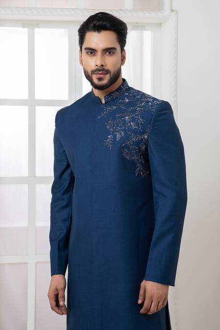 Shop_Darshika Menswear_Blue Suede Embroidery Placement Motif Bandhgala And Straight Pant Set _Online_at_Aza_Fashions