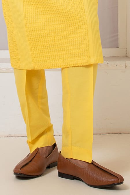 Darshika Menswear_Yellow Cotton, Silk Crushed Pintucked Kurta And Pant Set _Online_at_Aza_Fashions