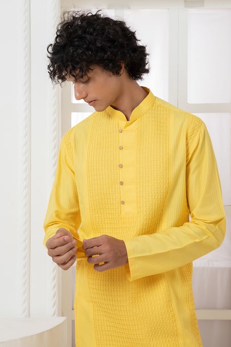 Buy_Darshika Menswear_Yellow Cotton, Silk Crushed Pintucked Kurta And Pant Set _Online_at_Aza_Fashions