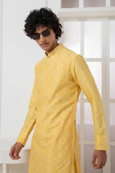 Shop_Darshika Menswear_Yellow Cotton, Silk Embroidery Floral Pattern Thread Kurta And Pyjama Set _Online_at_Aza_Fashions