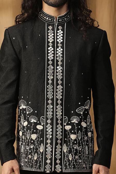 Buy_Kudrat Couture_Black Silk Embroidered Mirror Pearl Embellished Bandhgala And Pant Set_Online_at_Aza_Fashions