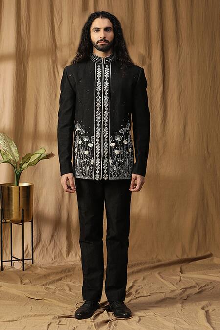 Shop_Kudrat Couture_Black Silk Embroidered Mirror Pearl Embellished Bandhgala And Pant Set_Online_at_Aza_Fashions