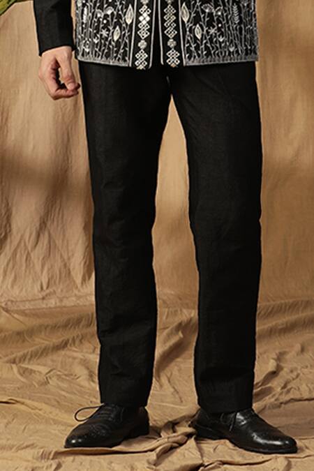 Kudrat Couture Black Silk Embroidered Mirror Pearl Embellished Bandhgala And Pant Set at Aza Fashions Kudrat Couture_Black Silk Embroidered Mirror Pearl Embellished Bandhgala And Pant Set_at_Aza_Fashions