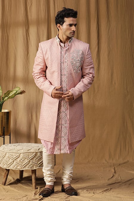 Kudrat Couture Pink Silk Embroidered Dabka Sherwani Jacket Churidar Set 