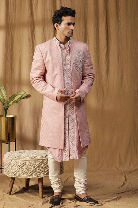 Kudrat Couture_Pink Silk Embroidered Dabka Sherwani Jacket Churidar Set_Online_at_Aza_Fashions