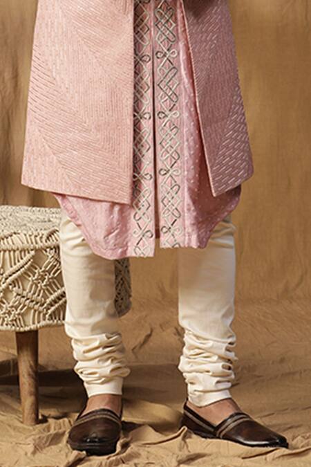 Buy Kudrat Couture Pink Silk Embroidered Dabka Sherwani Jacket Churidar Set Online at Aza Fashions Buy_Kudrat Couture_Pink Silk Embroidered Dabka Sherwani Jacket Churidar Set_Online_at_Aza_Fashions