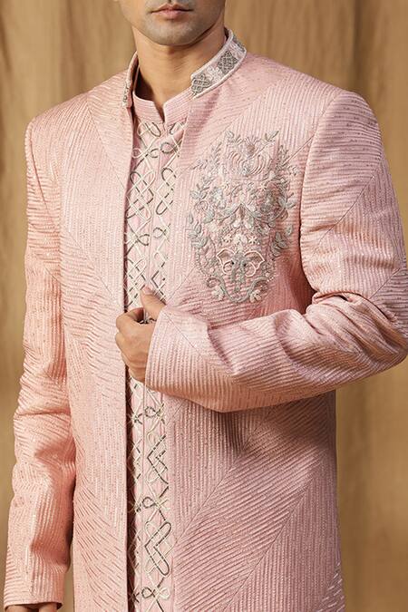 Shop_Kudrat Couture_Pink Silk Embroidered Dabka Sherwani Jacket Churidar Set_Online_at_Aza_Fashions