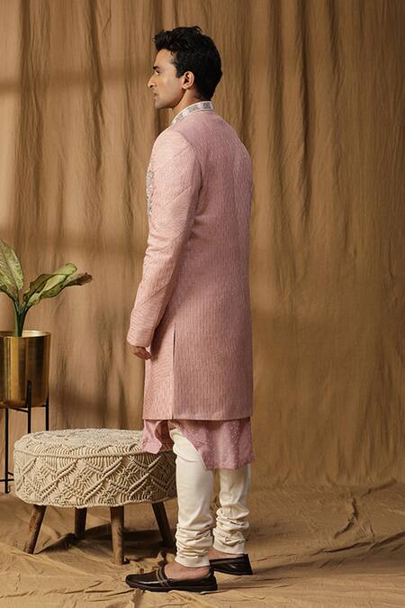 Kudrat Couture_Pink Silk Embroidered Dabka Sherwani Jacket Churidar Set_at_Aza_Fashions