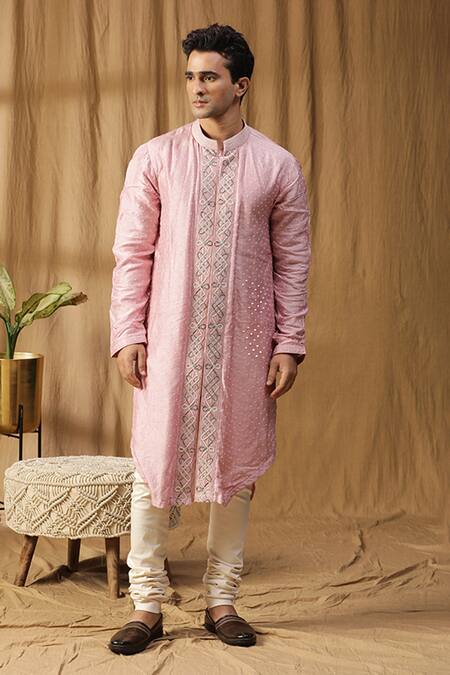 Buy_Kudrat Couture_Pink Silk Embroidered Dabka Sherwani Jacket Churidar Set