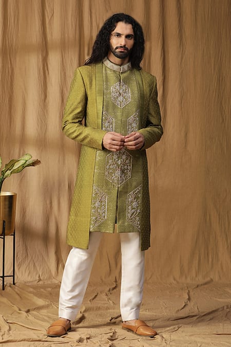 Kudrat Couture Green Silk Embroidered Moti Asymmetric Sherwani And Pant Set 