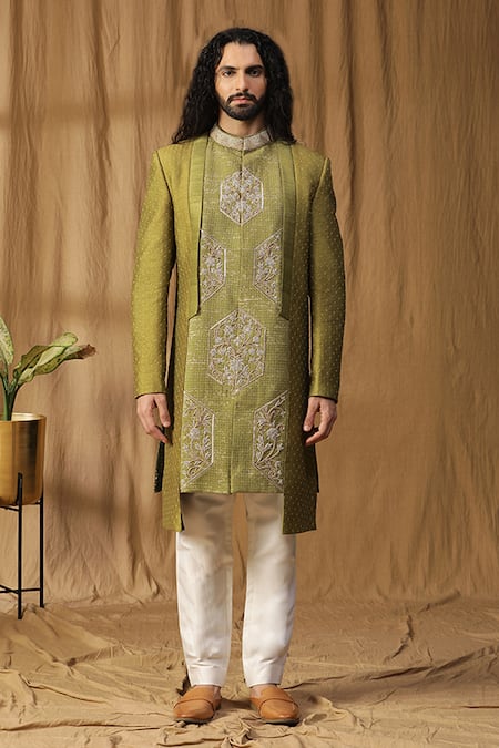Kudrat Couture_Green Silk Embroidered Moti Asymmetric Sherwani And Pant Set_Online_at_Aza_Fashions
