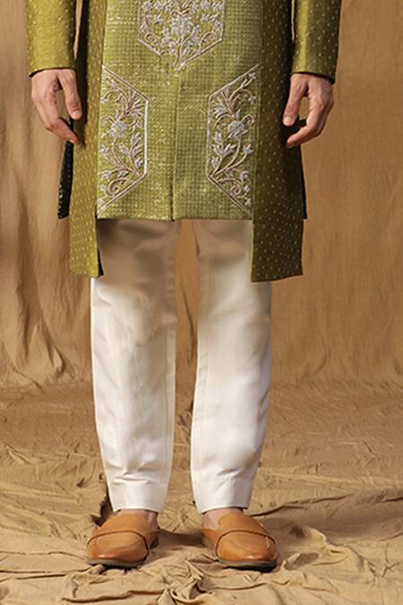 Buy Kudrat Couture Green Silk Embroidered Moti Asymmetric Sherwani And Pant Set Online at Aza Fashions Buy_Kudrat Couture_Green Silk Embroidered Moti Asymmetric Sherwani And Pant Set_Online_at_Aza_Fashions