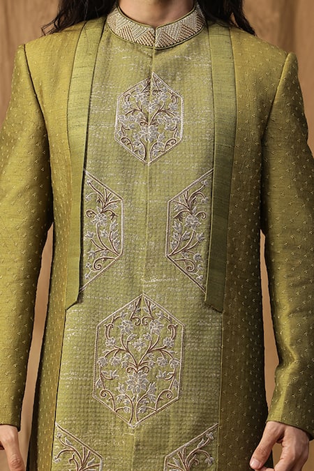 Shop_Kudrat Couture_Green Silk Embroidered Moti Asymmetric Sherwani And Pant Set_Online_at_Aza_Fashions