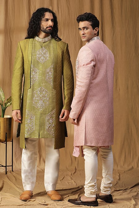 Kudrat Couture_Green Silk Embroidered Moti Asymmetric Sherwani And Pant Set_at_Aza_Fashions