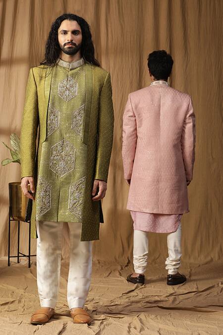 Buy_Kudrat Couture_Green Silk Embroidered Moti Asymmetric Sherwani And Pant Set